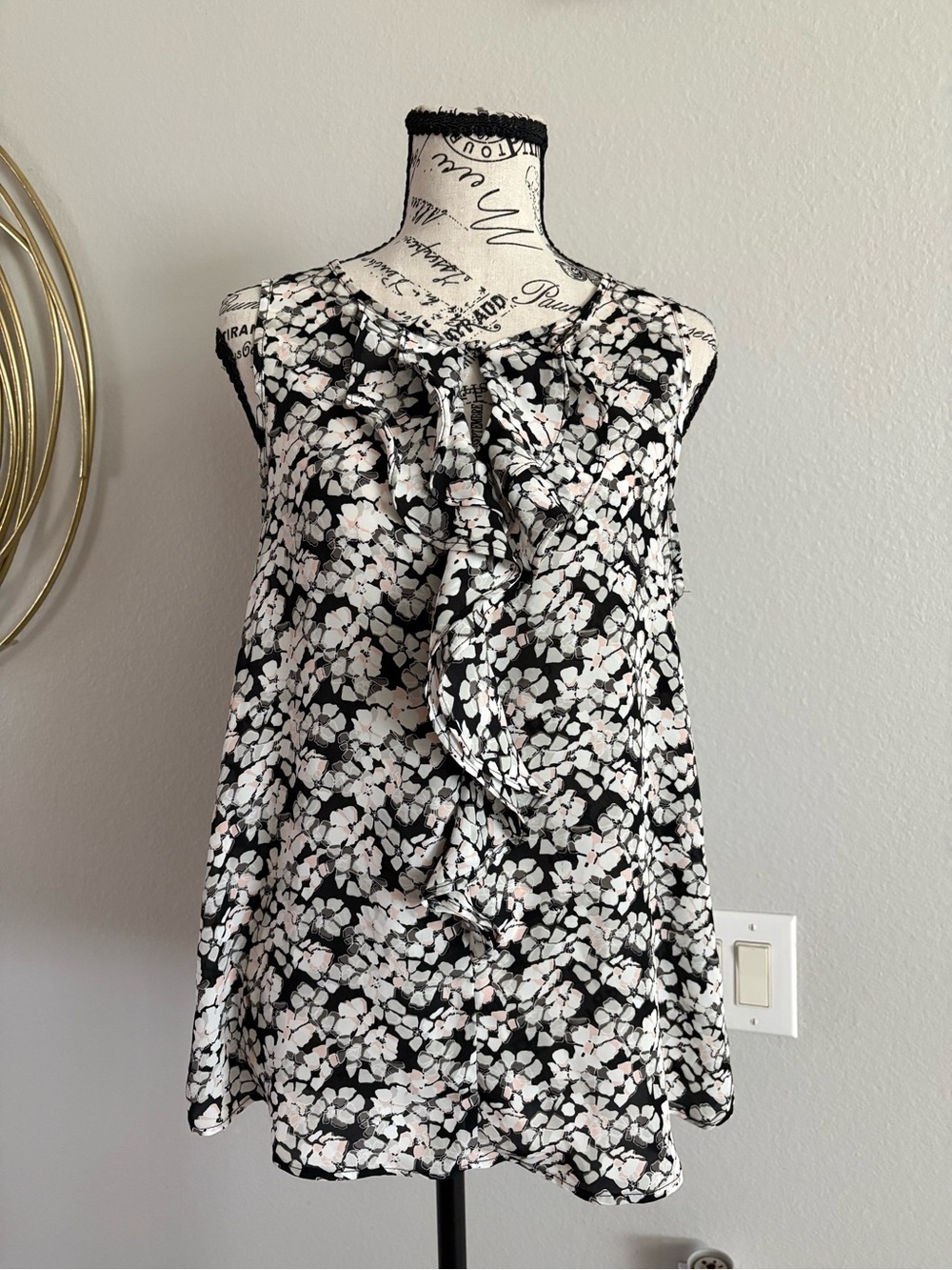 Elle Black Floral Print Sleeveless Top with Pink and Gray Accents
